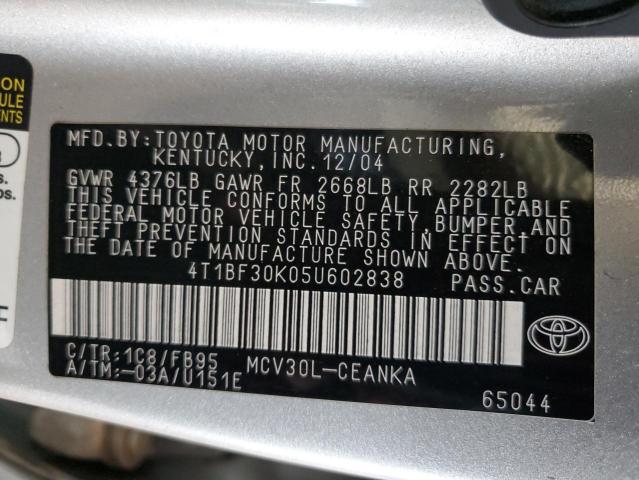 4T1BF30K05U602838 - 2005 TOYOTA CAMRY LE SILVER photo 12