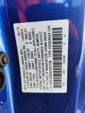 2HGFC3B3XJH357758 - 2018 HONDA CIVIC EX BLUE photo 13