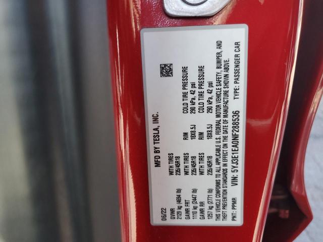 5YJ3E1EA0NF288536 - 2022 TESLA MODEL 3 RED photo 13