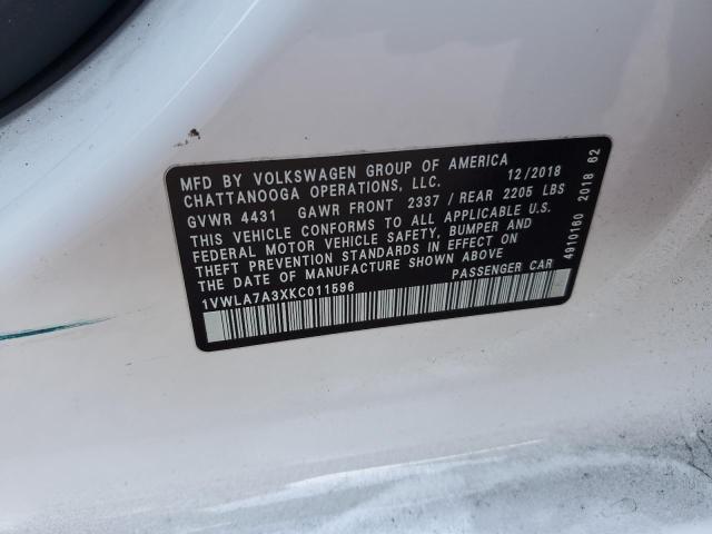 1VWLA7A3XKC011596 - 2019 VOLKSWAGEN PASSAT WOLFSBURG WHITE photo 12