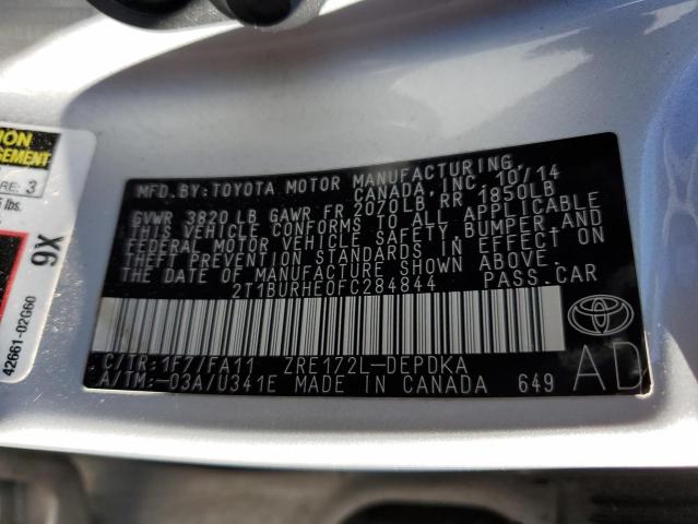 2T1BURHE0FC284844 - 2015 TOYOTA COROLLA L SILVER photo 12