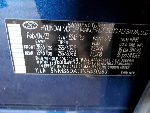 5NMS6DAJ3NH430280 - 2022 HYUNDAI SANTA FE SEL ლურჯი ფოტო 12