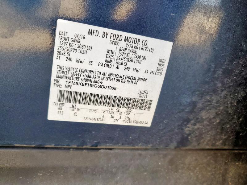 1FM5K8FH9GGD01908 - 2016 FORD EXPLORER LIMITED BLUE photo 14