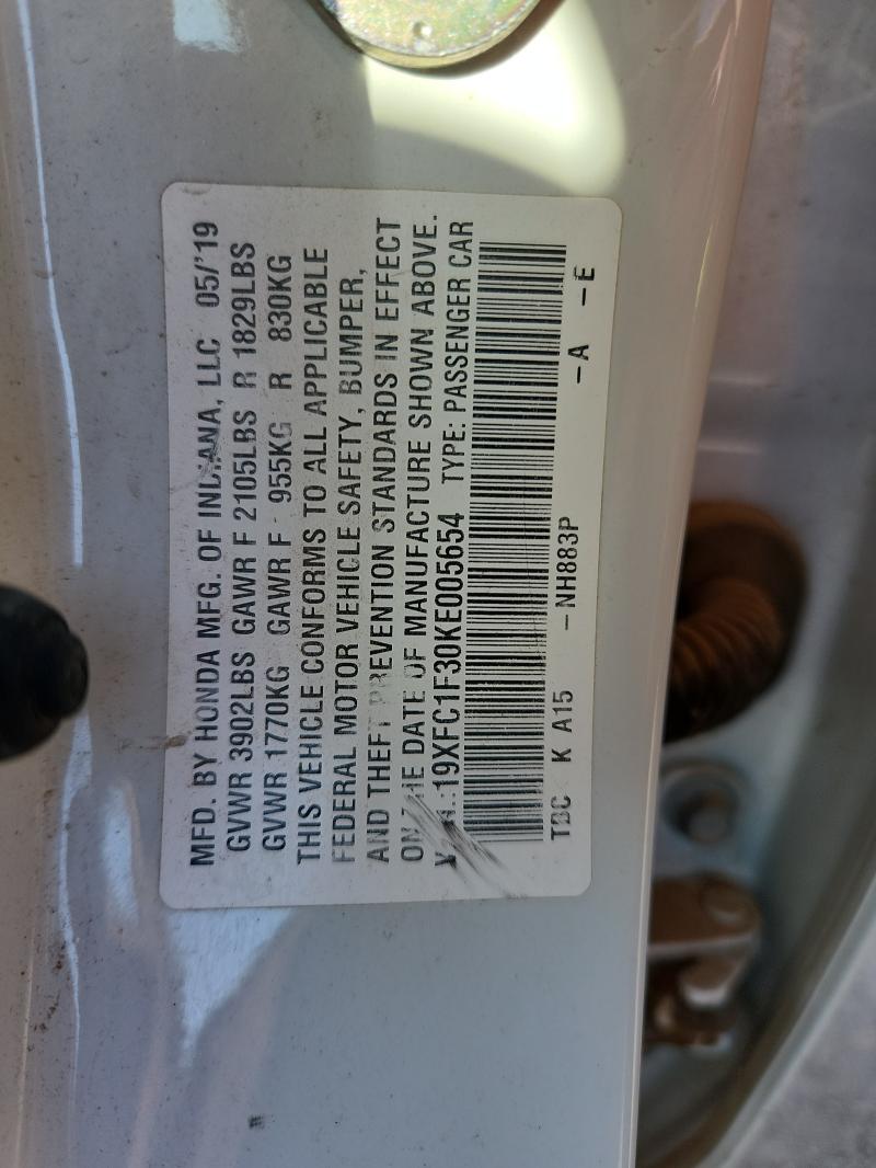 19XFC1F30KE005654 - 2019 HONDA CIVIC EX WHITE photo 12