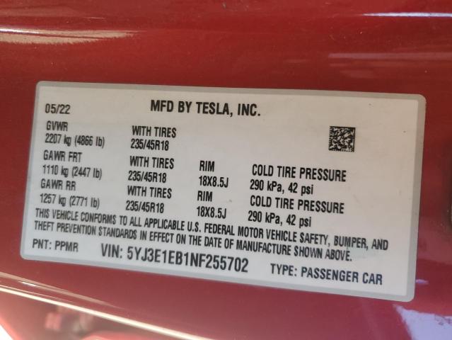5YJ3E1EB1NF255702 - 2022 TESLA MODEL 3 红色 照片 13
