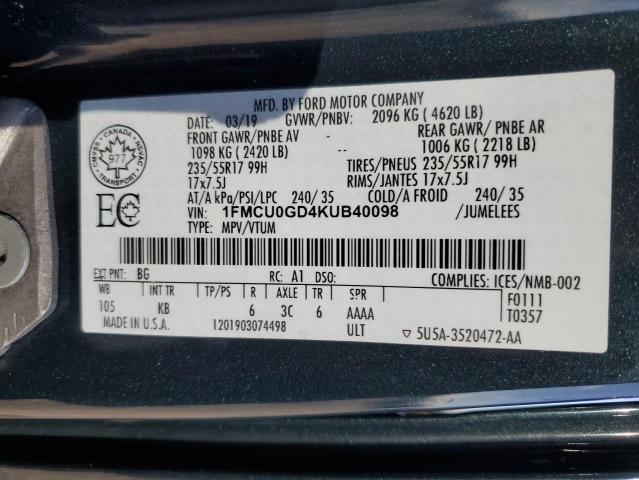 1FMCU0GD4KUB40098 - 2019 FORD ESCAPE SE Morski zdjęcie 14