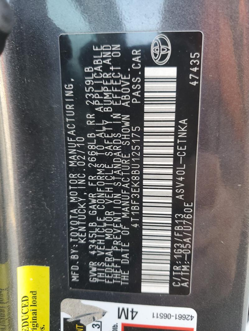 4T1BF3EK8BU125175 - 2011 TOYOTA CAMRY BASE ნაცრისფერი ფოტო 12