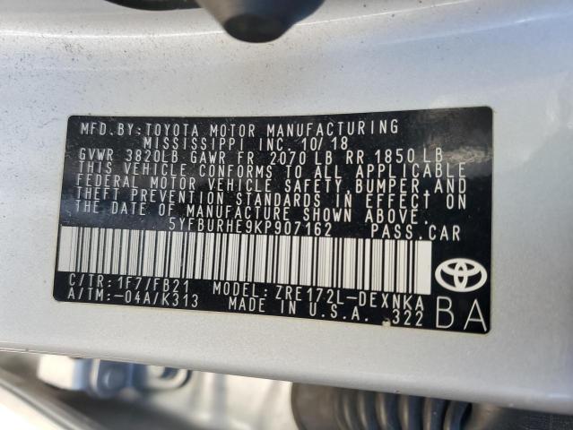 5YFBURHE9KP907162 - 2019 TOYOTA COROLLA L BLUE photo 13