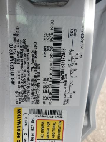 3FA6P0HD3LR172868 - 2020 FORD FUSION SE Սպիտակ լուսանկար 12