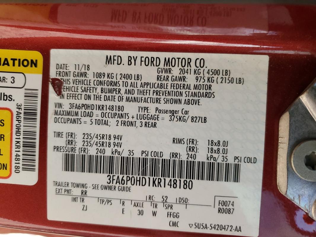3FA6P0HD1KR148180 - 2019 FORD FUSION SE 栗色 照片 12