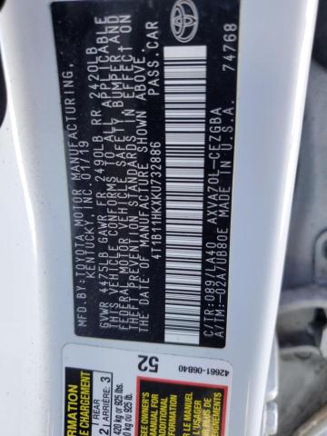 4T1B11HKXKU732886 - 2019 TOYOTA CAMRY L 白色 照片 13