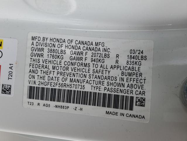 2HGFE2F56RH570735 - 2024 HONDA CIVIC SPORT თეთრი ფოტო 12