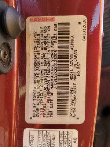 JTDBE32K220128205 - 2002 TOYOTA CAMRY LE RED photo 12
