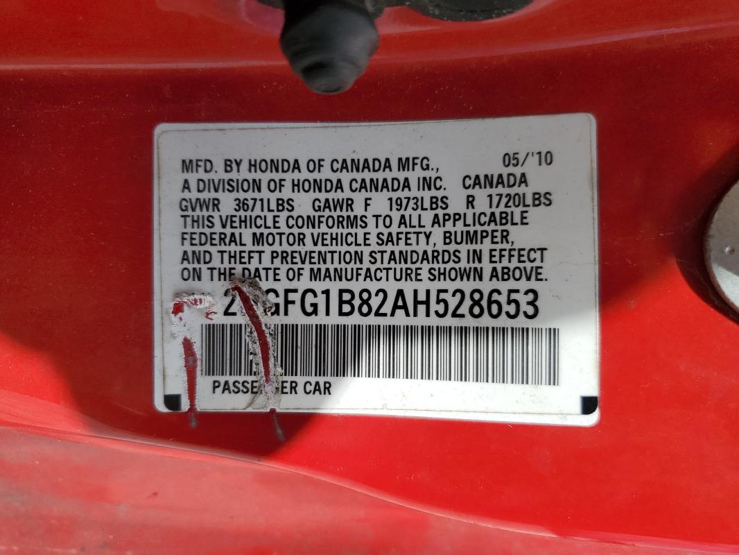 2HGFG1B82AH528653 - 2010 HONDA CIVIC EX RED photo 13
