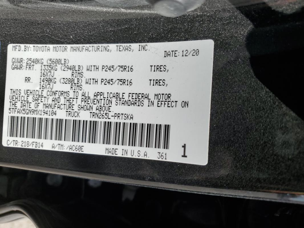 5TFAX5GN9MX194104 - 2021 TOYOTA TACOMA DOUBLE CAB BLACK photo 12