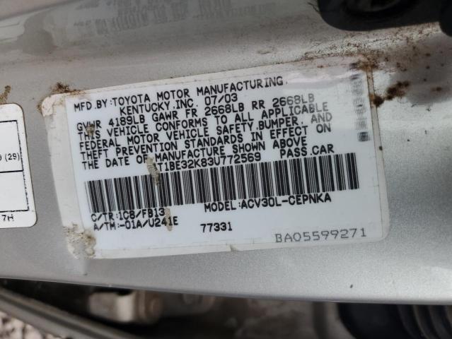 4T1BE32K83U772569 - 2003 TOYOTA CAMRY LE SILVER photo 12