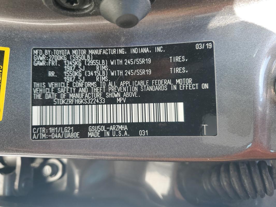 5TDKZRFH6KS322433 - 2019 TOYOTA HIGHLANDER SE GRAY photo 14