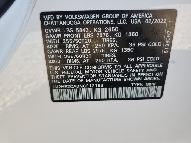 1V2HE2CA0NC212163 - 2022 VOLKSWAGEN ATLAS CROS SE WHITE photo 14