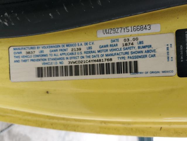 3VWCD21C4YM481768 - 2000 VOLKSWAGEN NEW BEETLE GLS 黄色 照片 12