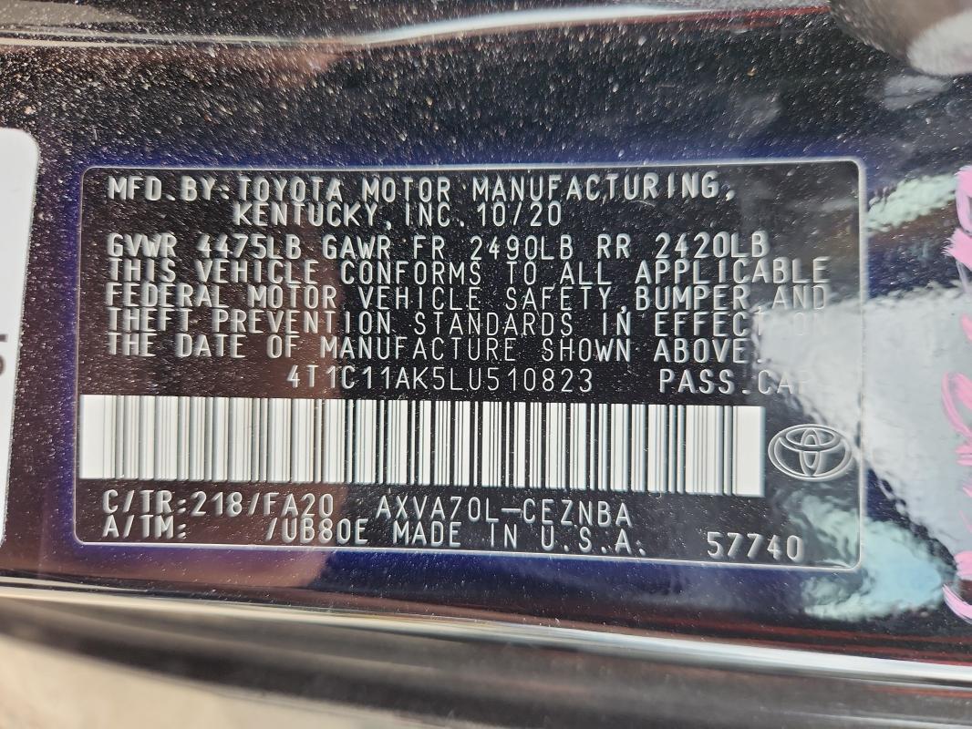 4T1C11AK5LU510823 - 2020 TOYOTA CAMRY LE BLACK photo 12