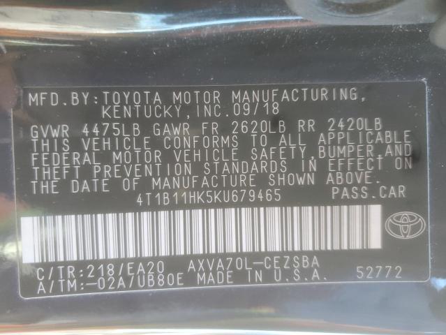 4T1B11HK5KU679465 - 2019 TOYOTA CAMRY L 黑色 照片 13