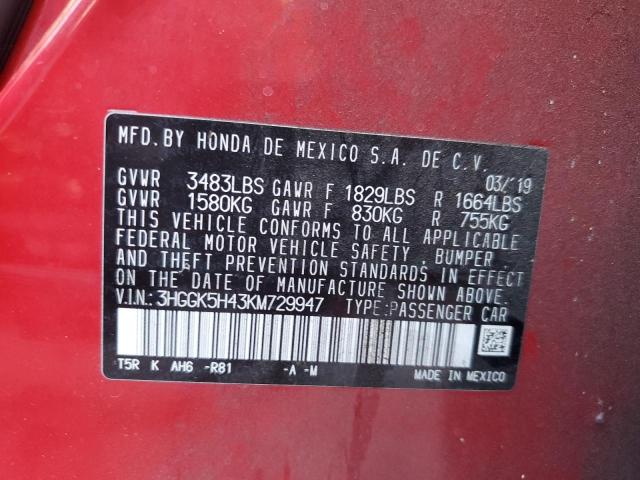 3HGGK5H43KM729947 - 2019 HONDA FIT LX 红色 照片 14