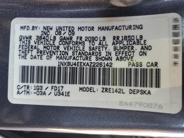 1NXBU4EEXAZ226142 - 2010 TOYOTA COROLLA BASE GRAY photo 12