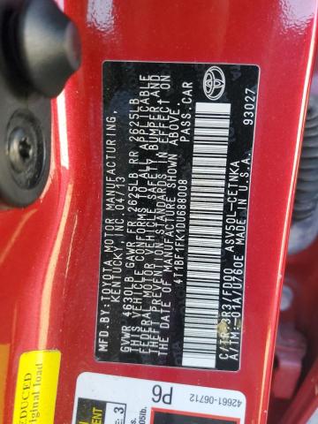 4T1BF1FK1DU688008 - 2013 TOYOTA CAMRY L RED photo 12