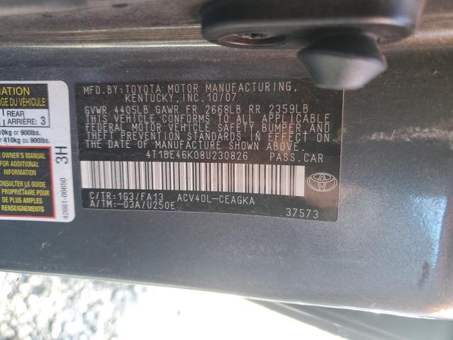 4T1BE46K08U230826 - 2008 TOYOTA CAMRY CE GRAY photo 12
