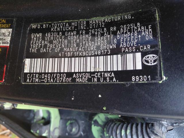 4T1BF1FK9CU548173 - 2012 TOYOTA CAMRY BASE შავი ფოტო 10
