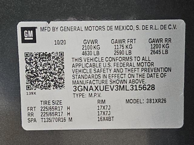 3GNAXUEV3ML315628 - 2021 CHEVROLET EQUINOX LT Gris foto 13