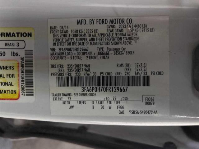 3FA6P0H70FR129667 - 2015 FORD FUSION SE WHITE photo 10