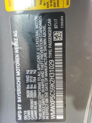 WMWXP5C59K2H31029 - 2019 MINI COOPER GRAY photo 12