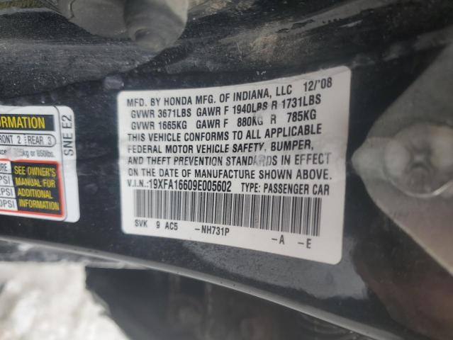 19XFA16609E005602 - 2009 HONDA CIVIC LX-S BLACK photo 12