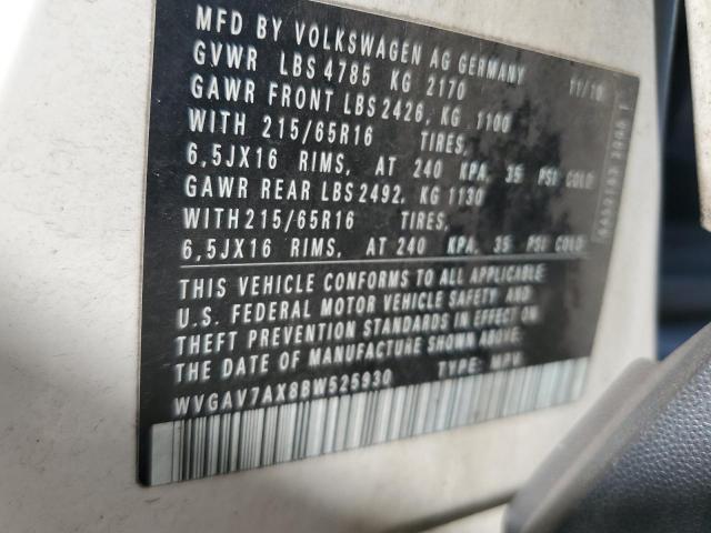 WVGAV7AX8BW525930 - 2011 VOLKSWAGEN TIGUAN S WHITE photo 13