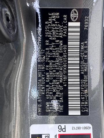 4T1BF1FK8CU585490 - 2012 TOYOTA CAMRY BASE BLACK photo 10