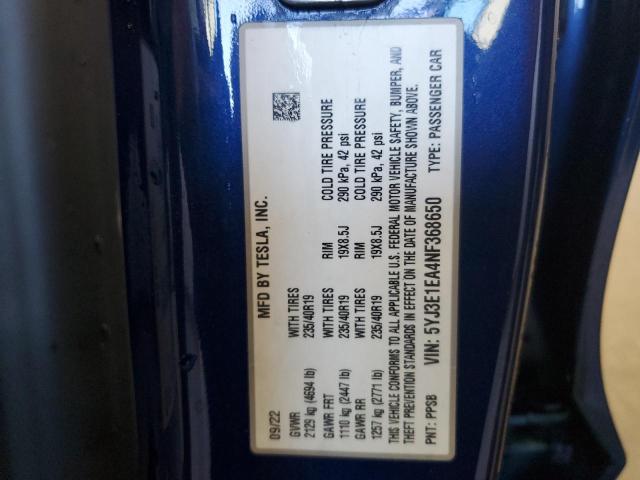 5YJ3E1EA4NF368650 - 2022 TESLA MODEL 3 BLUE photo 12