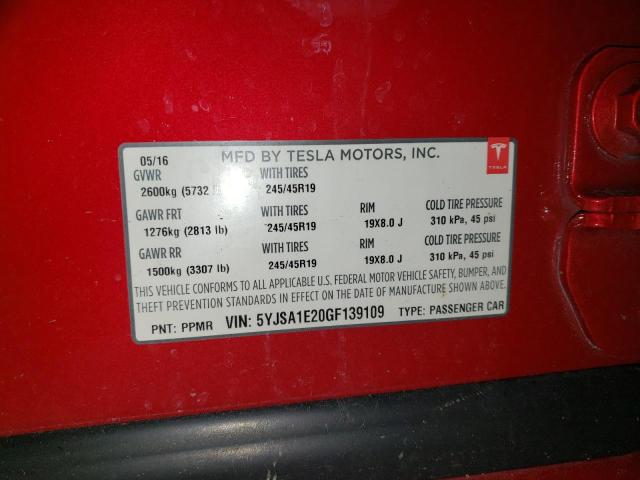 5YJSA1E20GF139109 - 2016 TESLA MODEL S RED photo 13