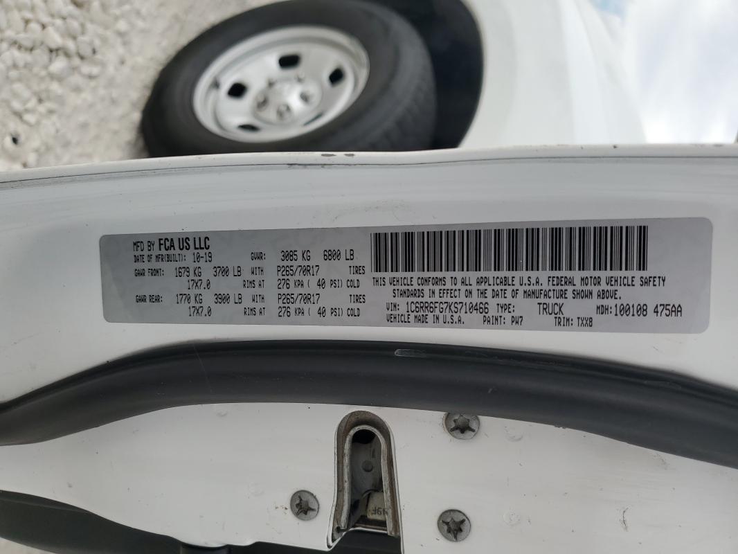 1C6RR6FG7KS710466 - 2019 RAM 1500 CLASS TRADESMAN Weiß Foto 12