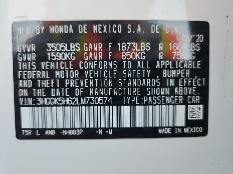 3HGGK5H62LM730574 - 2020 HONDA FIT SPORT WHITE photo 13