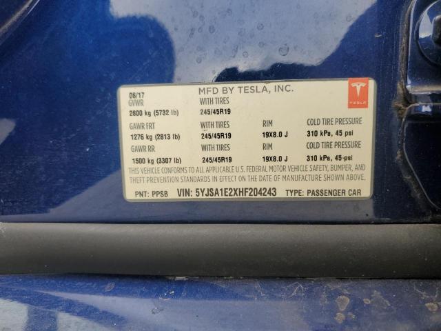 5YJSA1E2XHF204243 - 2017 TESLA MODEL S Mavi foto 12