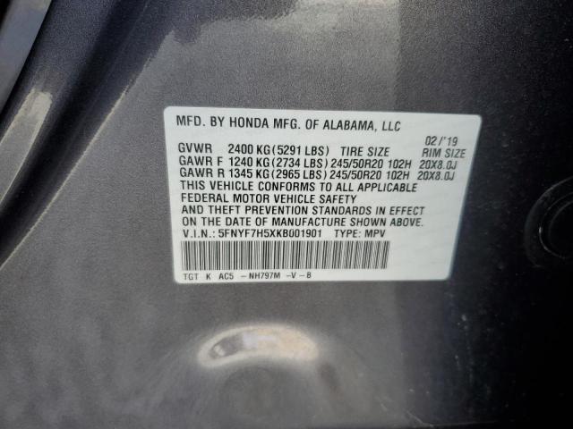 5FNYF7H5XKB001901 - 2019 HONDA PASSPORT EXL CHARCOAL photo 13