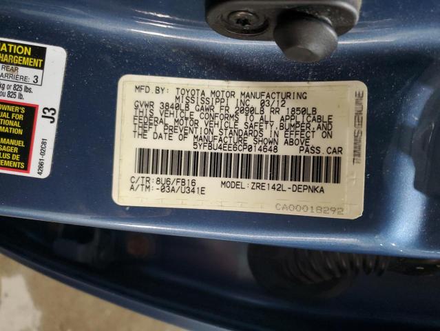 5YFBU4EE6CP014648 - 2012 TOYOTA COROLLA BASE Կապույտ լուսանկար 13