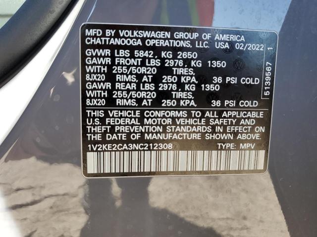 1V2KE2CA3NC212308 - 2022 VOLKSWAGEN ATLAS CROS SE GRAY photo 13