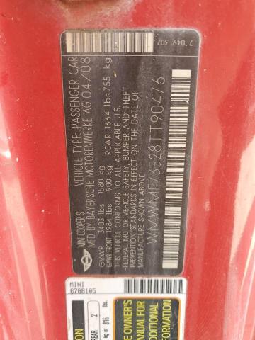 WMWMF73528TT90476 - 2008 MINI COOPER S RED photo 13