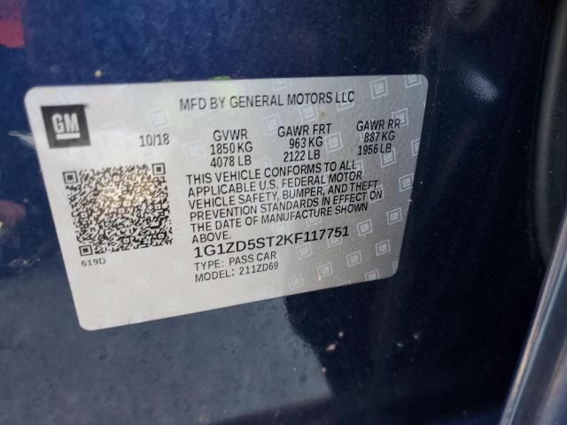 1G1ZD5ST2KF117751 - 2019 CHEVROLET MALIBU LT 蓝色 照片 12