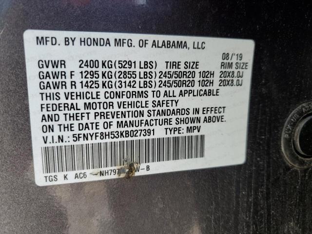 5FNYF8H53KB027391 - 2019 HONDA PASSPORT EXL CHARCOAL photo 13