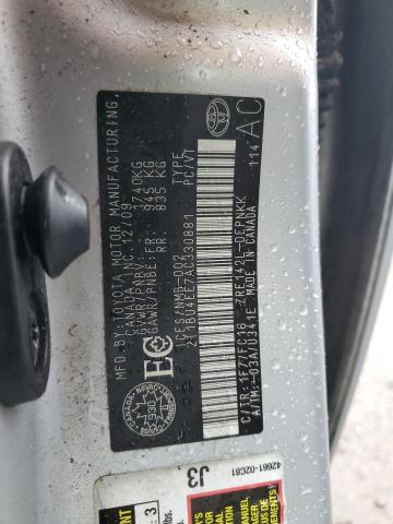 2T1BU4EE7AC330881 - 2010 TOYOTA COROLLA BASE SILVER photo 12