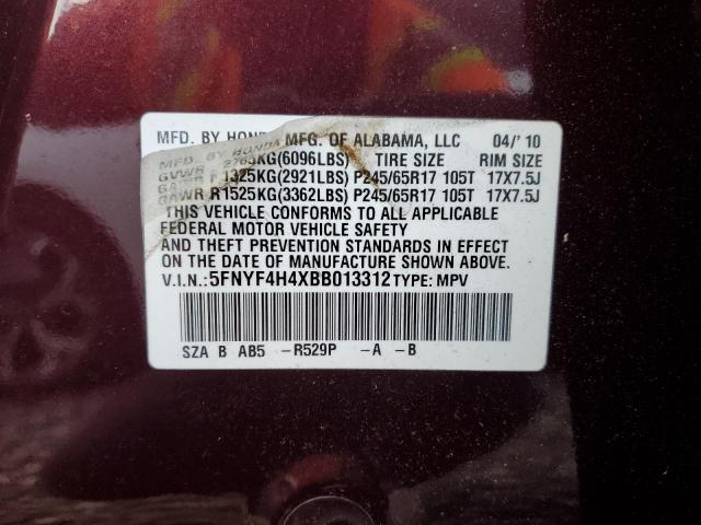 5FNYF4H4XBB013312 - 2011 HONDA PILOT EX RED photo 13