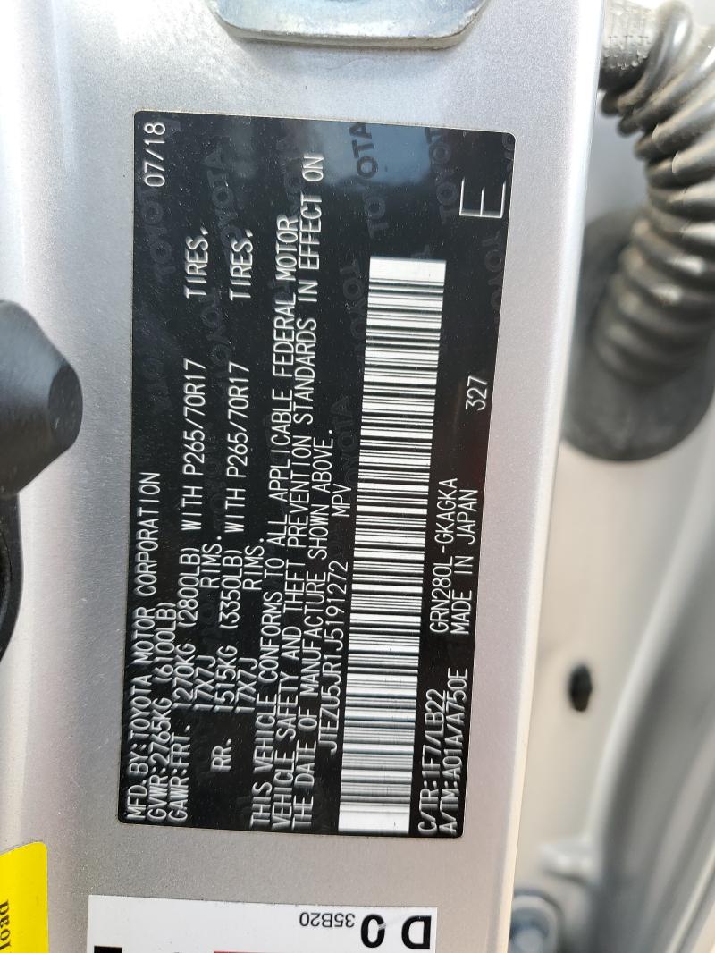 JTEZU5JR1J5191272 - 2018 TOYOTA 4RUNNER SR5 Күміс фото 14